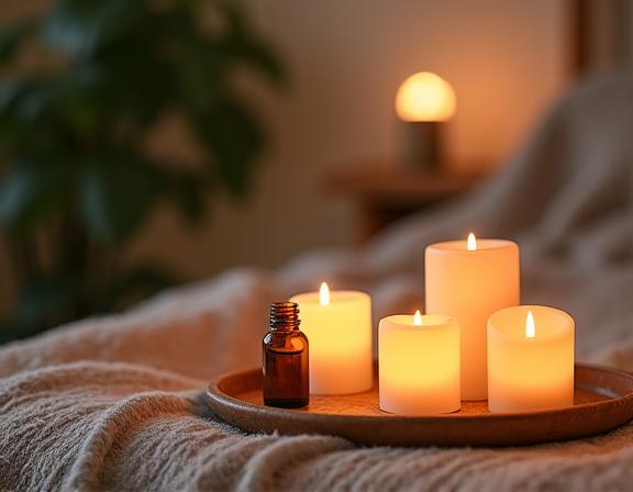 A serene room with candles and essential oil diffuser for stress relief therapy