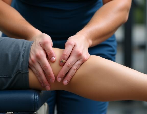 Therapist performing a sports massage on an athlete's leg to aid recovery